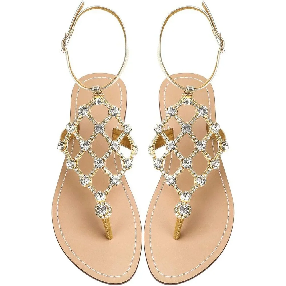 Women's Gold Rhinestone Upper Flat T Strap Thong Flip Flop Sandals Shoes - Picture 1 of 9